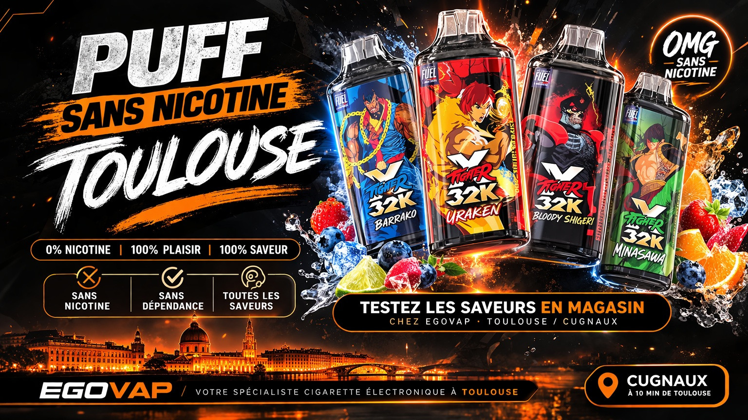 Puff sans nicotine disponibles à Toulouse chez Egovap Cugnaux